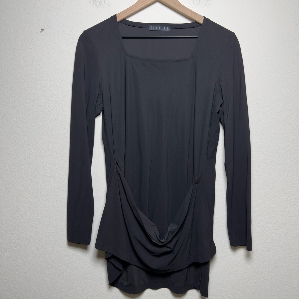 Ischiko Women Tunic Arsty Top Medium‎ Black Long Sleeve Asymmetrical Draped Wrap